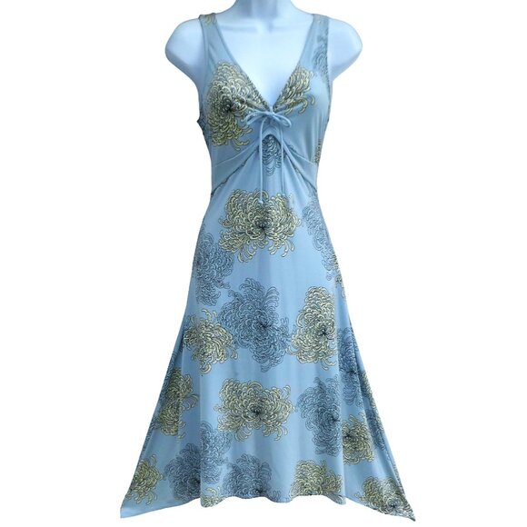 Vintage 90s Y2K BCBG Sweetheart Midi Dress Floral Pale Blue Knit Sharkbite Hem M - Picture 1 of 7